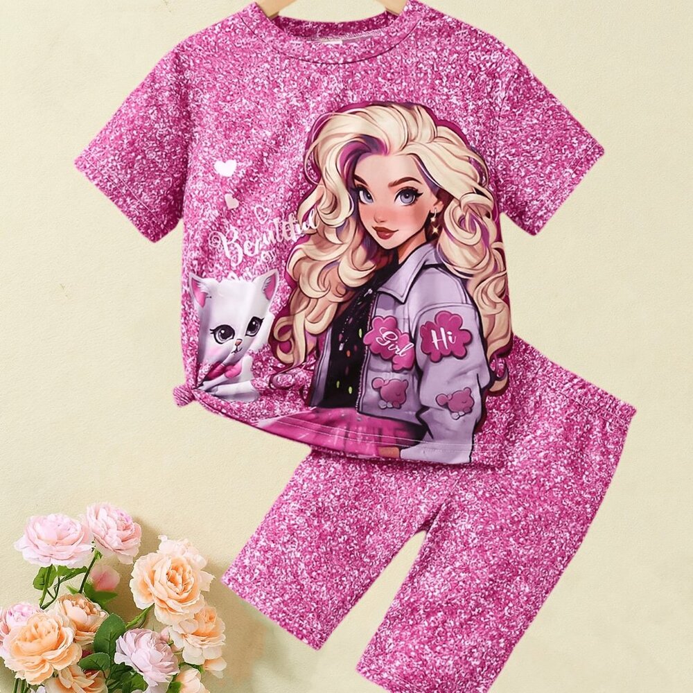 Trendy 2-Piece Girl's Portrait Print Short Sleeve Top Shorts Set